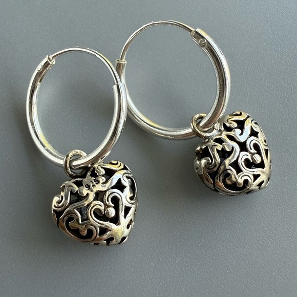 Sterling Silver Filigree  Hoop Heart Earrings - Picture 7 of 7